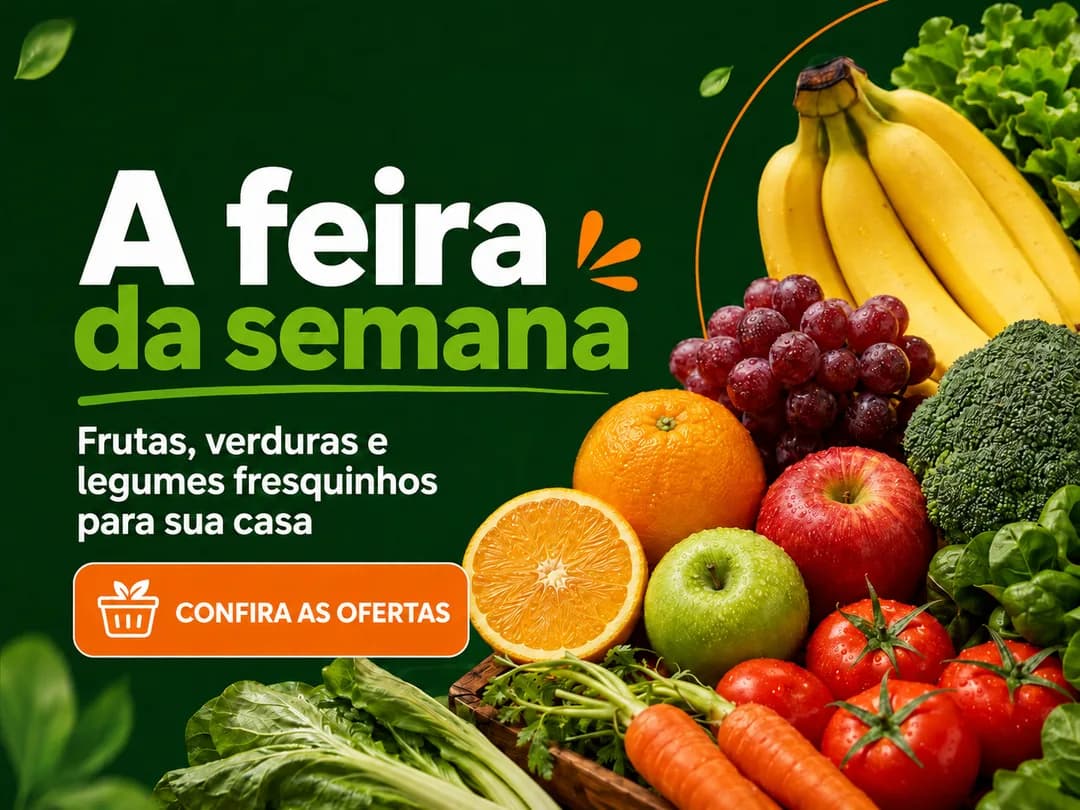 Arte vertical em verde-escuro com o texto "A feira da semana" e círculos coloridos